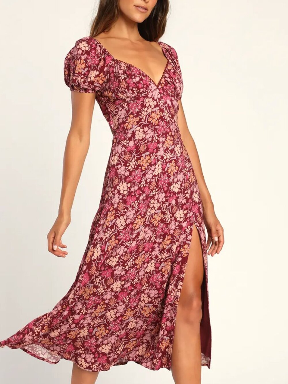 LuLu's Meadow Muse Burgundy Floral Tie-Back Puff Sleeve Midi Dress
